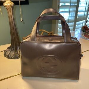 🤎 Vintage Gucci Brown Leather Boston Bag - Oversized Embossed GG Logo